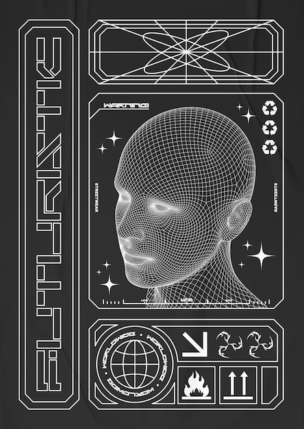 포스터 하이 폴리 헤드 3d 인간의 얼굴 메쉬 구조 테크노 디자인 요소가 있는 미래형 스타일