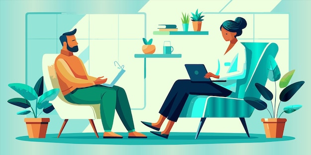 의자 에 앉아 있는 여자 와 노트북 을 들고 있는 남자 를 가진 병원 의 포스터