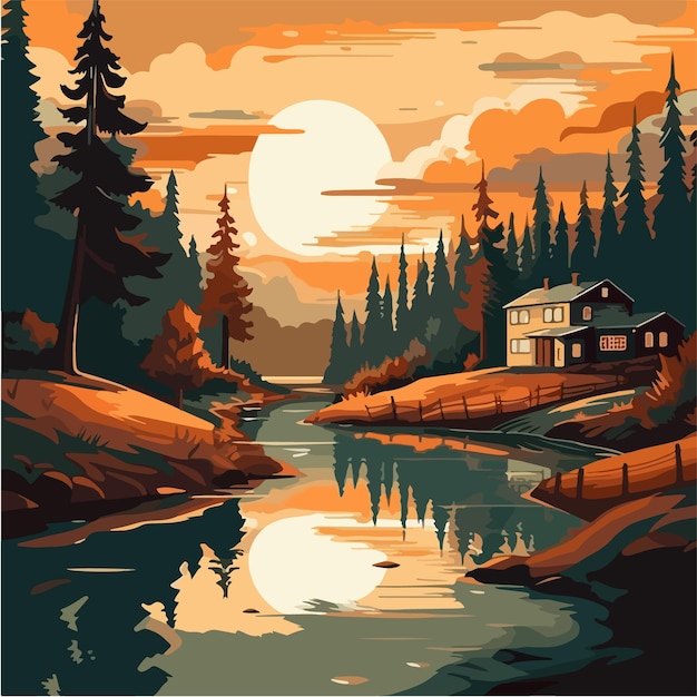 A poster for a house by the river with a sunset in the background.