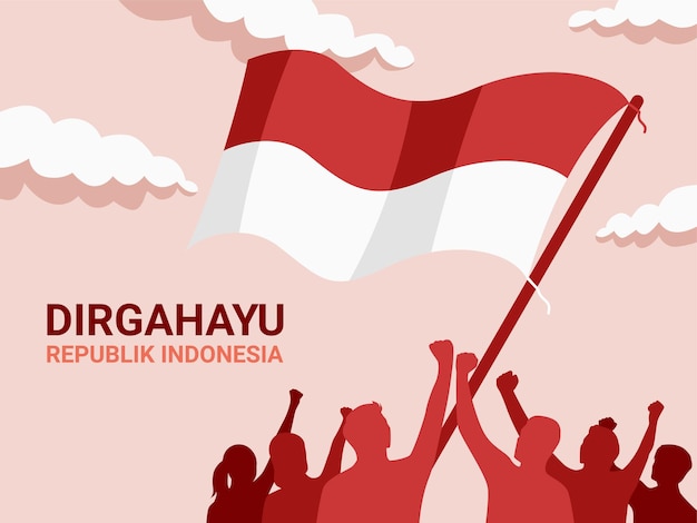 Poster illustratie van Indonesische vlag met menigte van mensen - Indonesië Independence Day achtergrond.