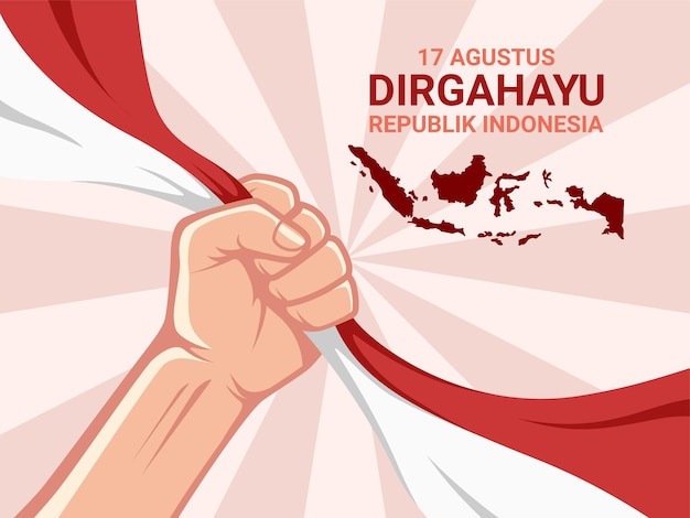 Poster Illustration of Indonesia Independence Day Background with hand holding a flag.