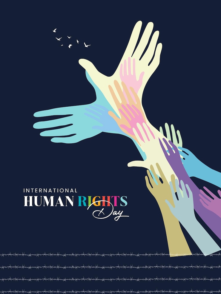 Vector a poster for international human rights with hands reaching for the sky