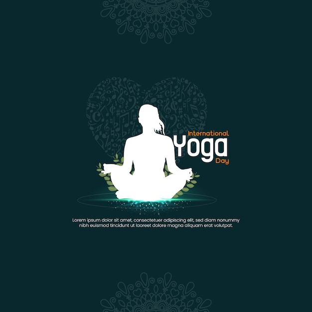 Un poster per la giornata internazionale dello yoga con una persona seduta al centro.