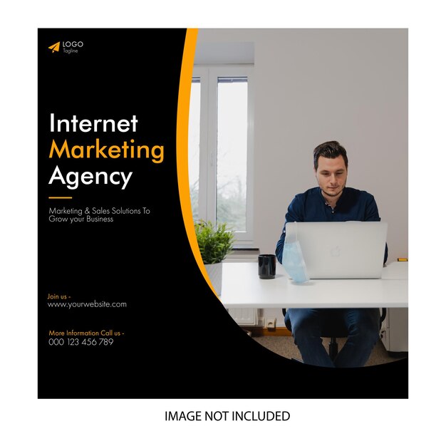 A poster for internet marketing agency showing a man working on a laptop.