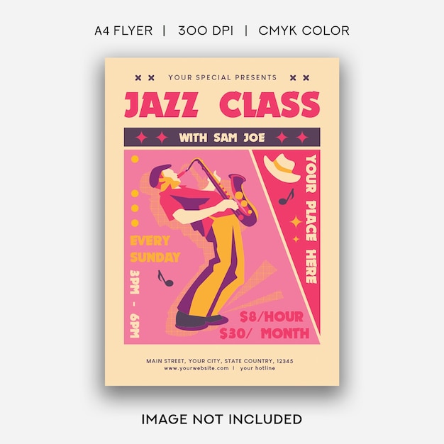 A poster for jazz class with a person playing a saxophone.