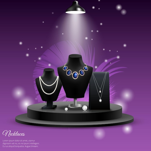 a poster for a jewelry store with a black vase and a necklace on it