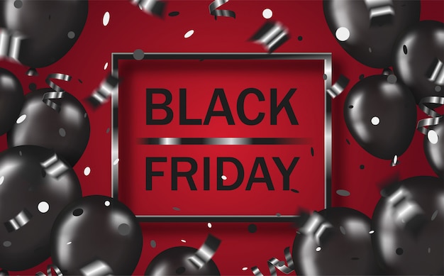 Poster layout black friday with black balloons, confetti, serpentine and frame on red backdrop