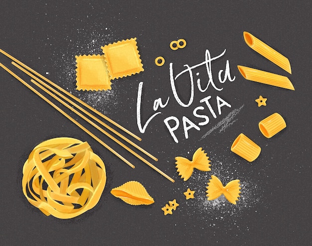 Poster lettering la vita pasta con molti tipi di maccheroni disegno su sfondo grigio.