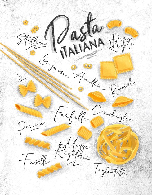 Vettore poster lettering pasta italiana con molti tipi di maccheroni disegno su sfondo di carta sporca