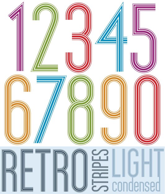 Vector poster light retro condensed colorful numbers with stripes on white background