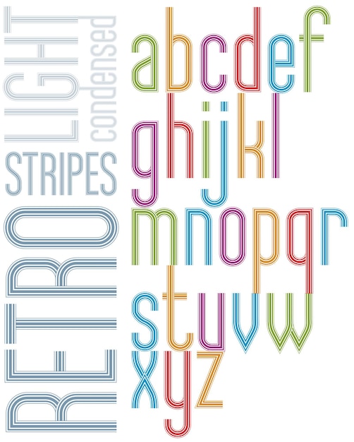 Плакат светлый ретро-шрифт с тройными полосами, яркие сжатые строчные буквы на белом фоне.