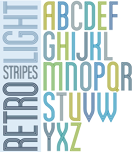 Poster light striped font, uppercase letters on white background.