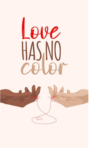 Poster love has no color with two hands connected with the red thread in form of heart Love banner