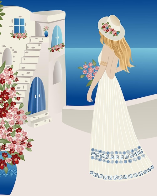 Vector poster lovely girl in white dress and hat in old towns in santorini spain greece and italy in blue colors travel vector illustrations and design