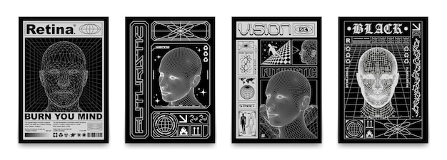 ベクトル ポスター低ポリヘッド3d人間の顔のメッシュ構造テクノデザイン要素を備えた未来的なスタイル