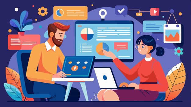 a poster of a man and a woman working on a computer with a man and a laptop