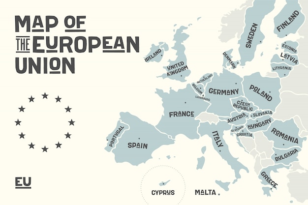 Vettore mappa di poster dell'unione europea con i nomi dei paesi