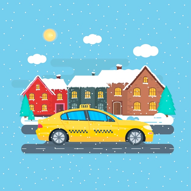 Poster met de machine gele cabine in de stad. openbare taxi dienstverleningsconcept. stadsgezicht op het winterseizoen. flat vector illustratie.