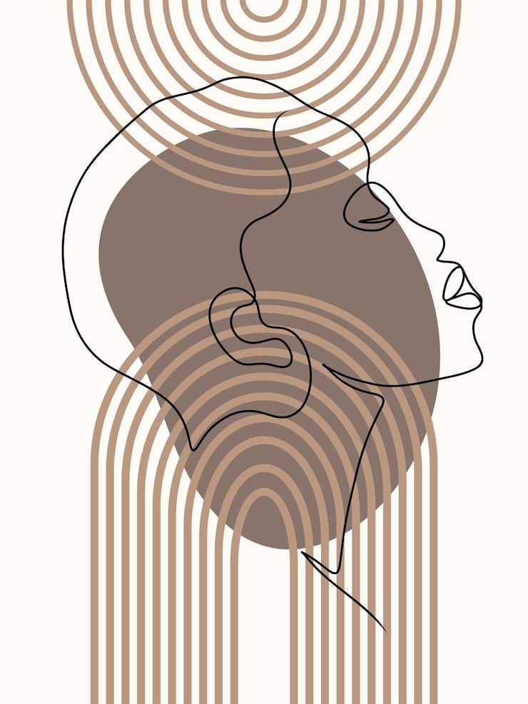 Poster met één lijn abstract vrouwelijk gezicht met geometrische vormen en vlekken