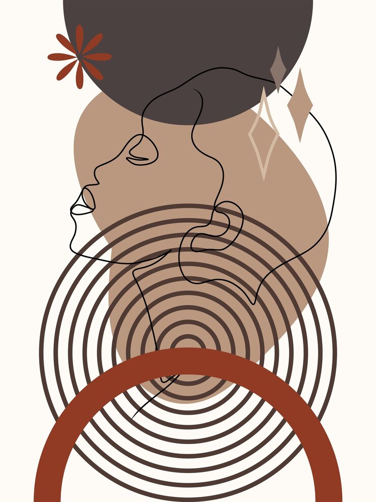 Poster met één lijn abstract vrouwelijk gezicht met geometrische vormen en vlekken