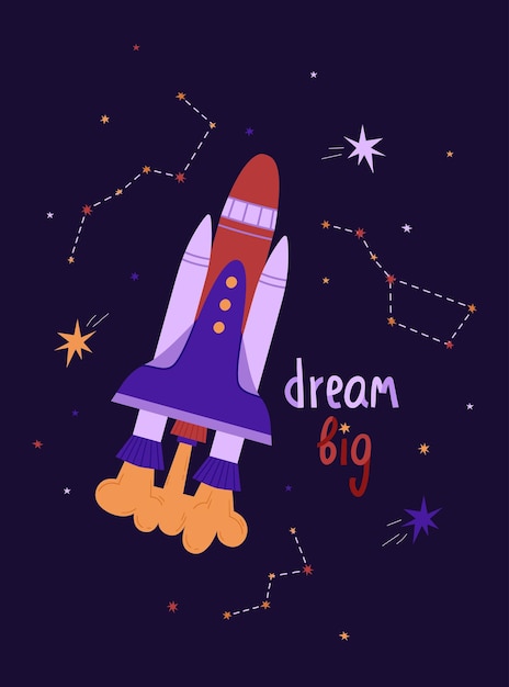 Poster met een ruimteschip in vlakke stijl Kleurrijke grote ruimteraket op de achtergrond van de sterrenhemel vectorillustratie Droom grote letters