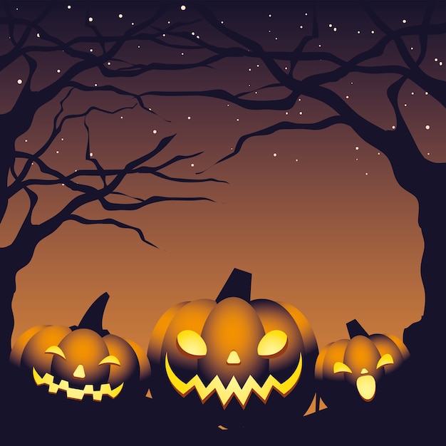 Poster met pompoenen in het donkere ontwerp van de Halloween-nachtillustratie