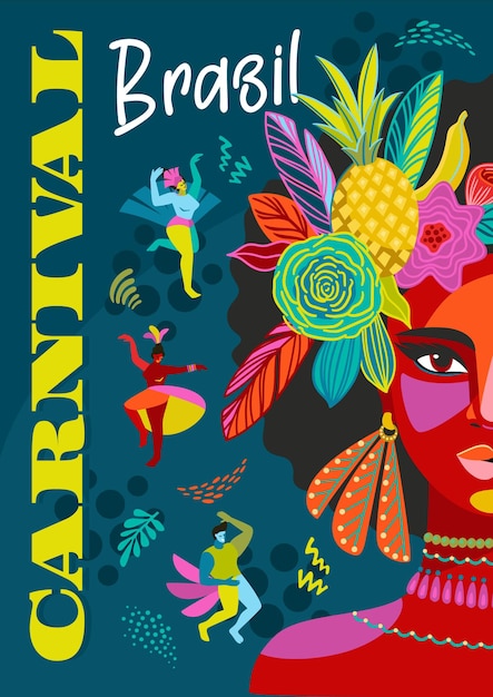 Vector poster met portret van vrouw in braziliaanse carnavalsoutfit ontwerp voor carnavalconcept en andere