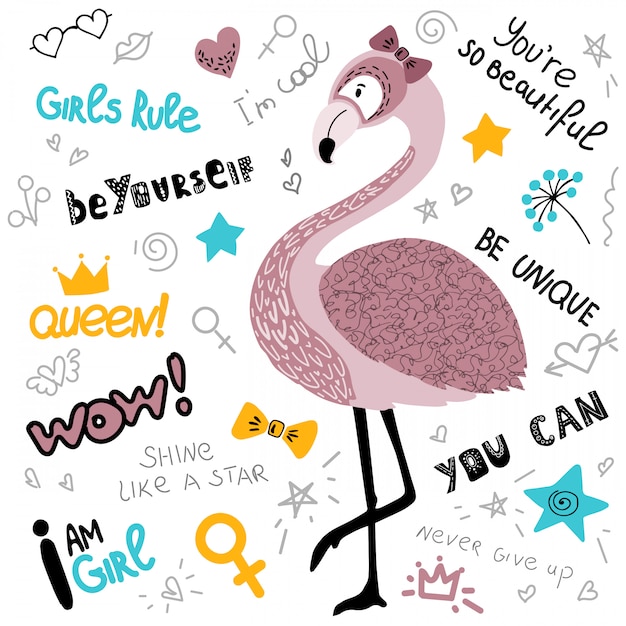 Poster met roze flamingo vrouw