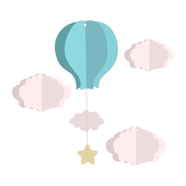 Poster met schattige heteluchtballon in papierstijl en wolken die in de lucht hangen