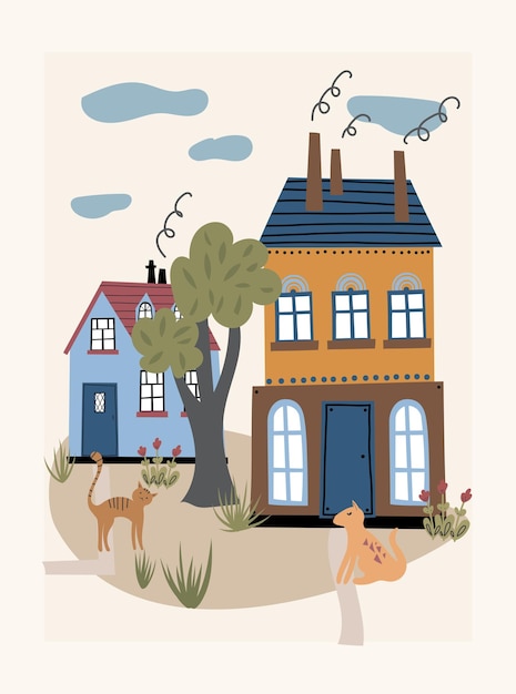 Poster met schattige huisjes vlakke afbeelding kinderhuizen