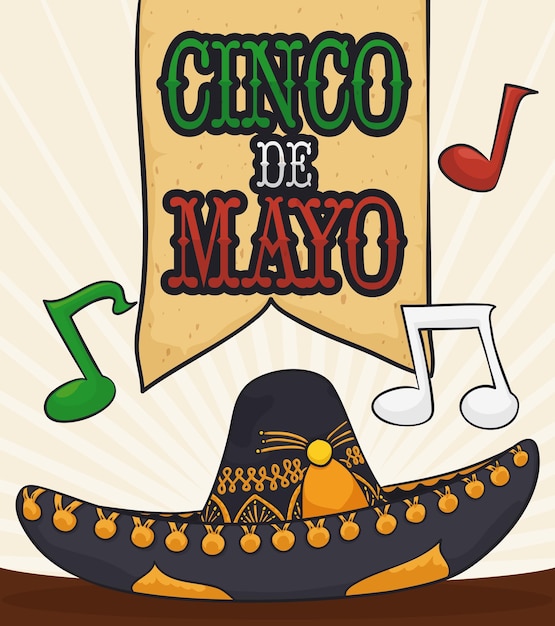 Poster met traditionele Mexicaanse mariachi hoed met muzikale noten voor Cinco de Mayo geschreven in het Spaans