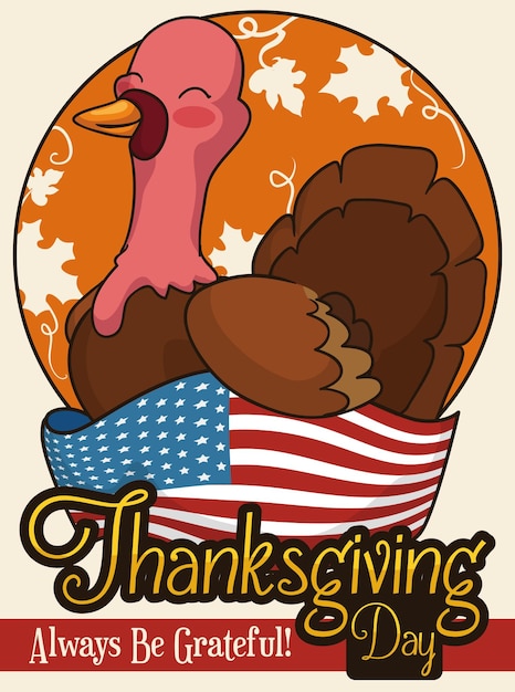 Poster met vrolijke kalkoen op een Amerikaanse vlag als mand voor Thanksgiving Day met dankbare boodschap
