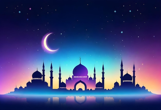 A poster of a mosque with a crescent moon and stars in the colorful sky background