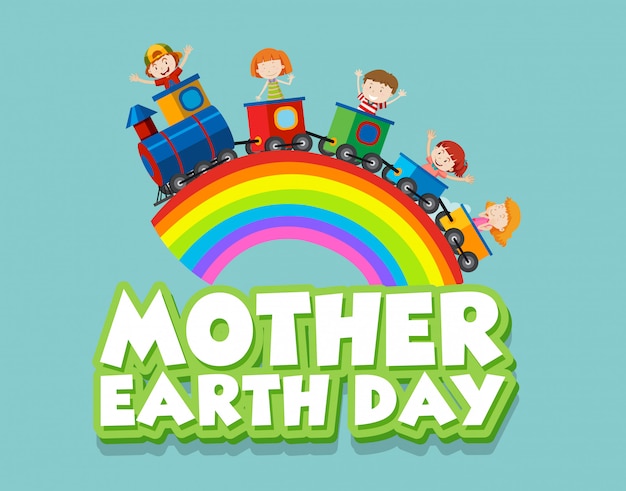 Poster  for mother earth day with happy children on the train