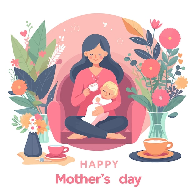 a poster for mothers day with a woman holding a baby and a cup of tea