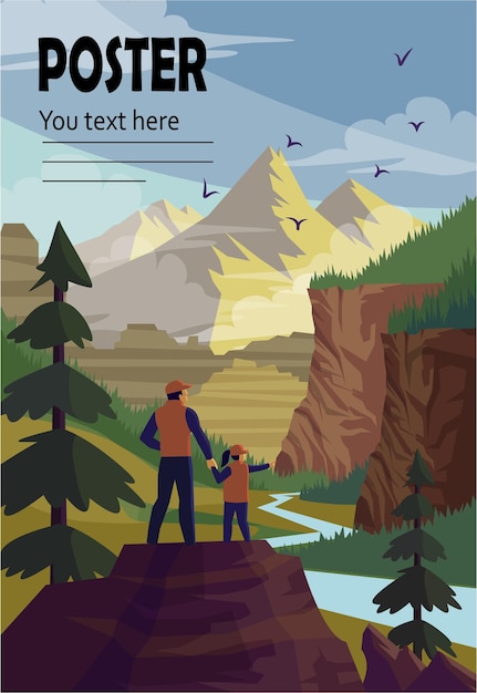 A poster for a mountain adventure with a man and a child holding hands.