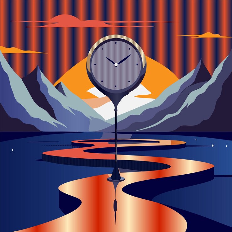 Vector a poster for a mountain lake with a clock and mountains in the background