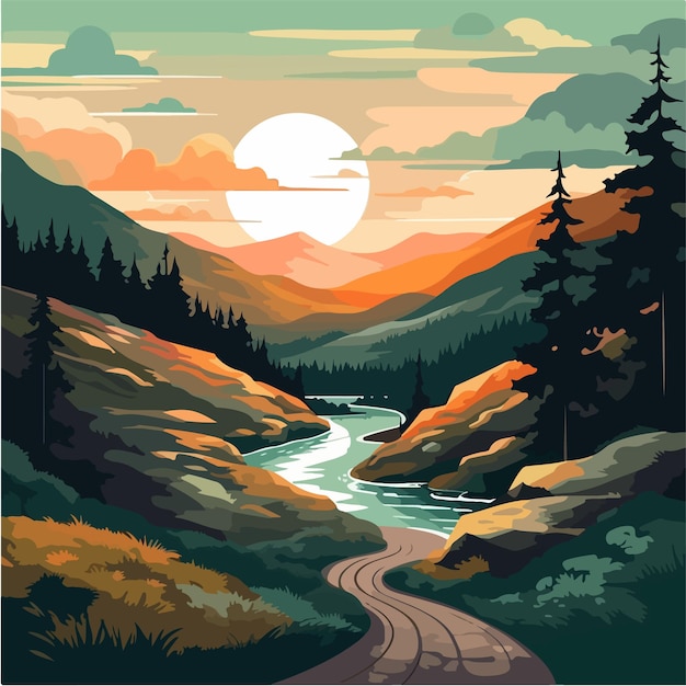 A poster for a mountain landscape with a river and a sunset.