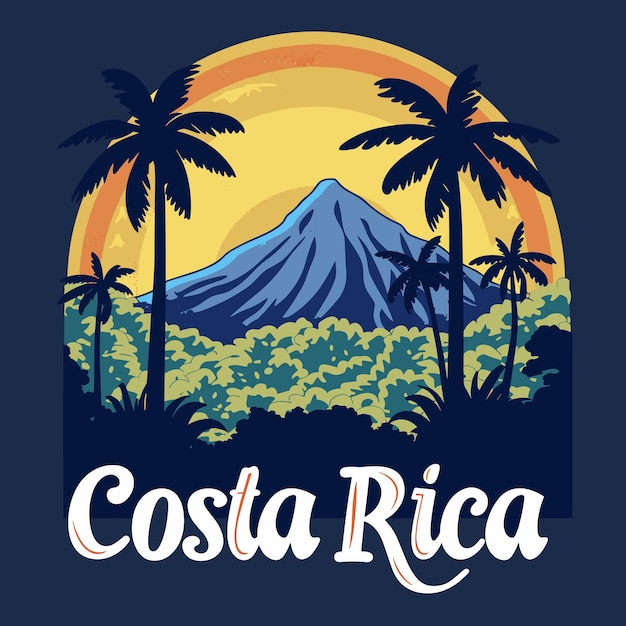 Плакат с горой и пальмами с надписью "Коста-Рика" внизу