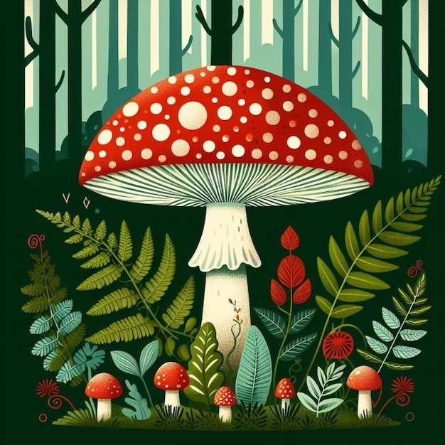 a poster for a mushroom with a red mushroom in the middle