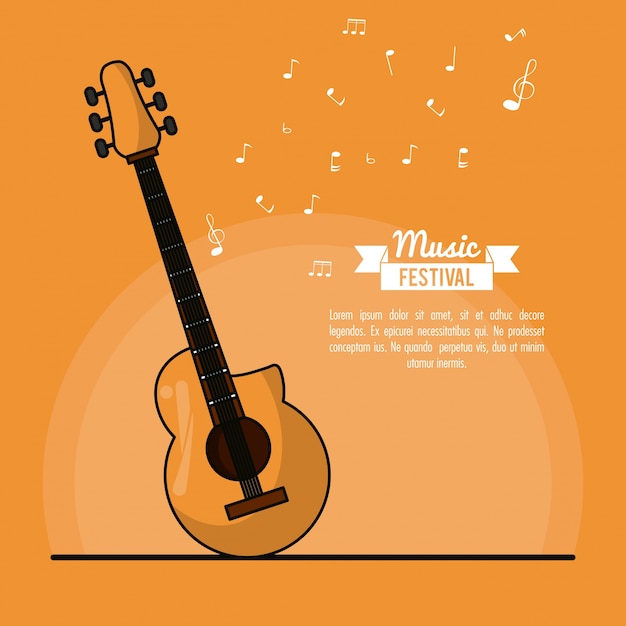 Vector poster music festival in orange background with acoustic guitar