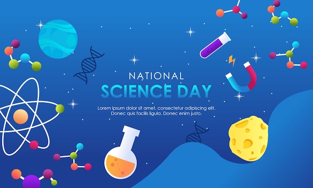 a poster for national science day with planets and stars on a blue background.