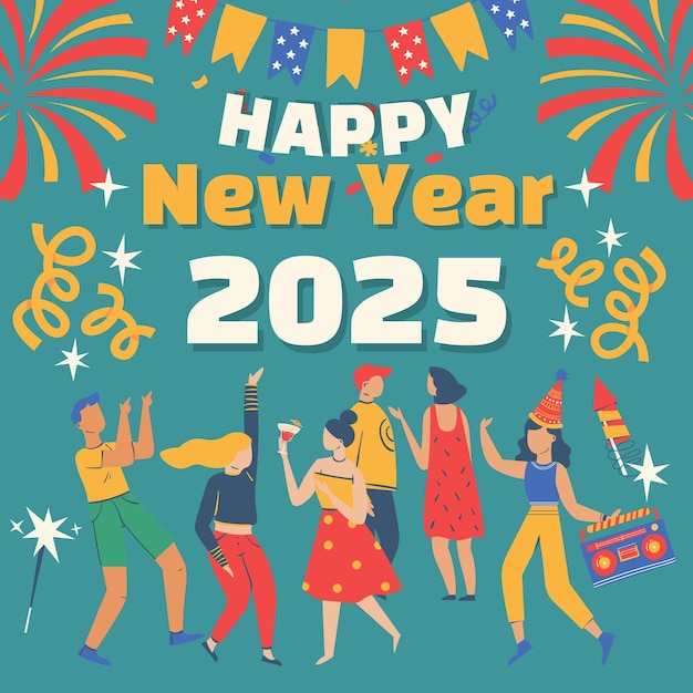 新年 2025 年的海报,背景是人们在跳舞