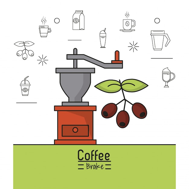 コーヒーグラインダーと穀物の果物とコーヒーブレーキのポスター