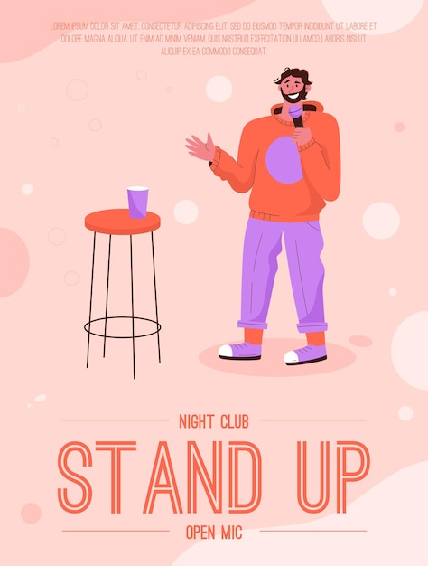 Плакат концепции stand up open mic в ночном клубе. на сцене выступает начинающий комик.