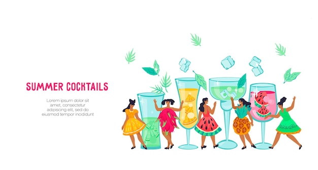 Вектор Дизайн плаката или баннера для коктейльной вечеринки и пляжного бара с персонажами девушек в костюмах в форме тропических фруктов приглашение на коктейль-бар или лаунж-вечеринку плоская векторная иллюстрация