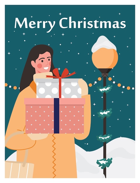 Плакат или открытка для празднования рождества. карточка курортного сезона, праздничный баннер со счастливой молодой женщиной, держащей рождественские подарки и надписью с рождеством. плоские векторные иллюстрации