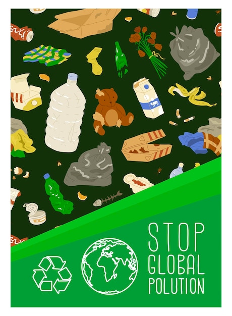 Poster over het thema bescherming van het milieu tegen wereldwijde vervuiling Symbool van aarde en afvalrecycling Afbeelding van stortplaats Vectorillustratie Naadloos patroon omvatten