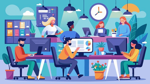 a poster of people working in a room with a computer and a picture of a woman reading a book