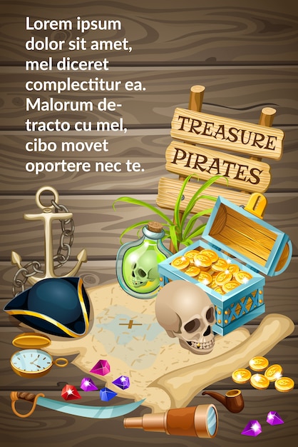 Вектор Плакат пиратский с сокровищами, драгоценными камнями и черепом.